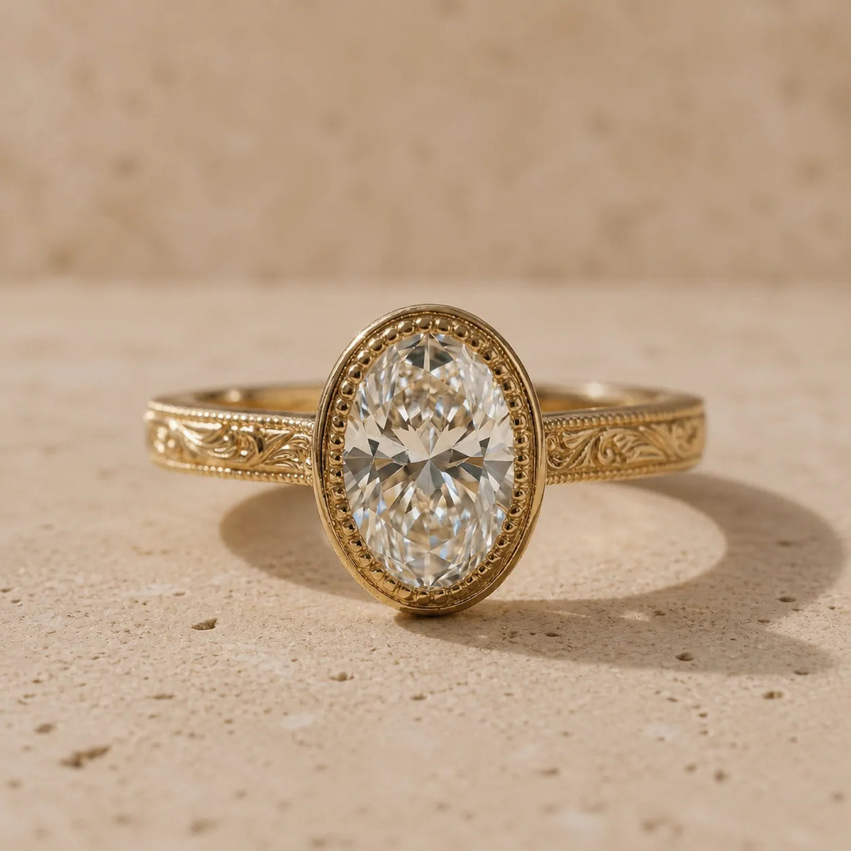 3 CT Oval Cut Lab-Grown Diamond Floral-Engraved Engagement Ring