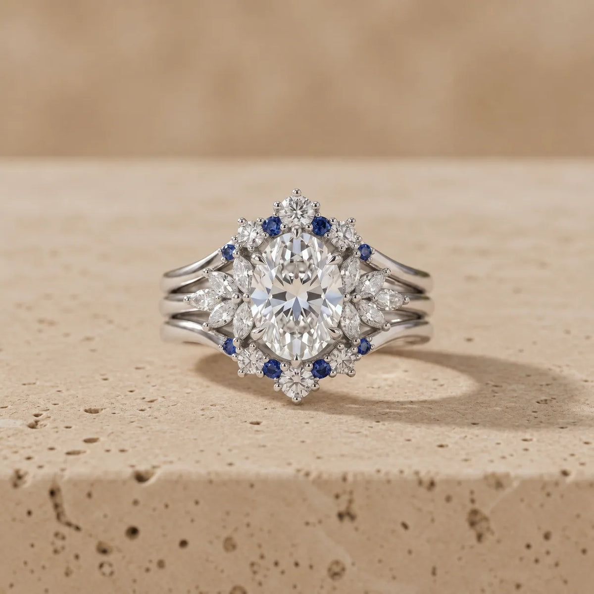3 CT Oval Cut Lab-Grown Diamond Sapphire Chevron Bridal Ring Set
