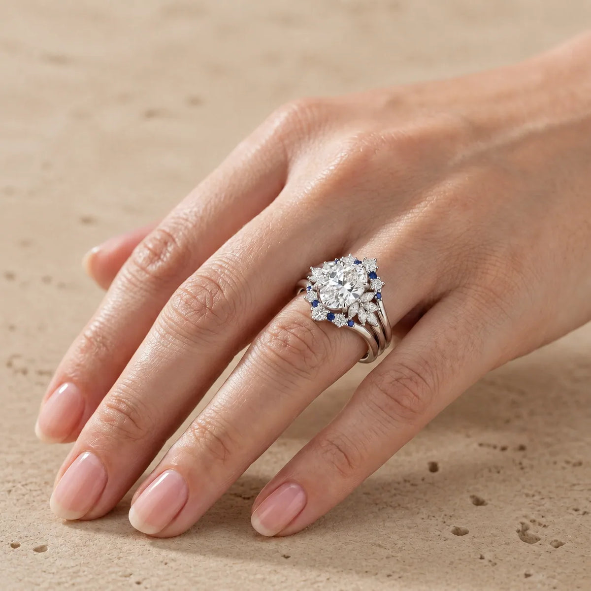 3 CT Oval Cut Lab-Grown Diamond Sapphire Chevron Bridal Ring Set
