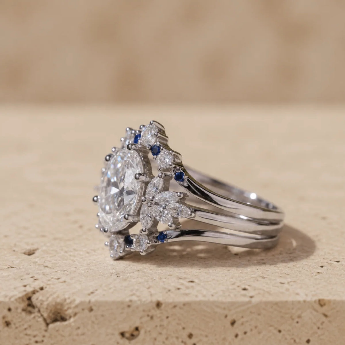 3 CT Oval Cut Lab-Grown Diamond Sapphire Chevron Bridal Ring Set