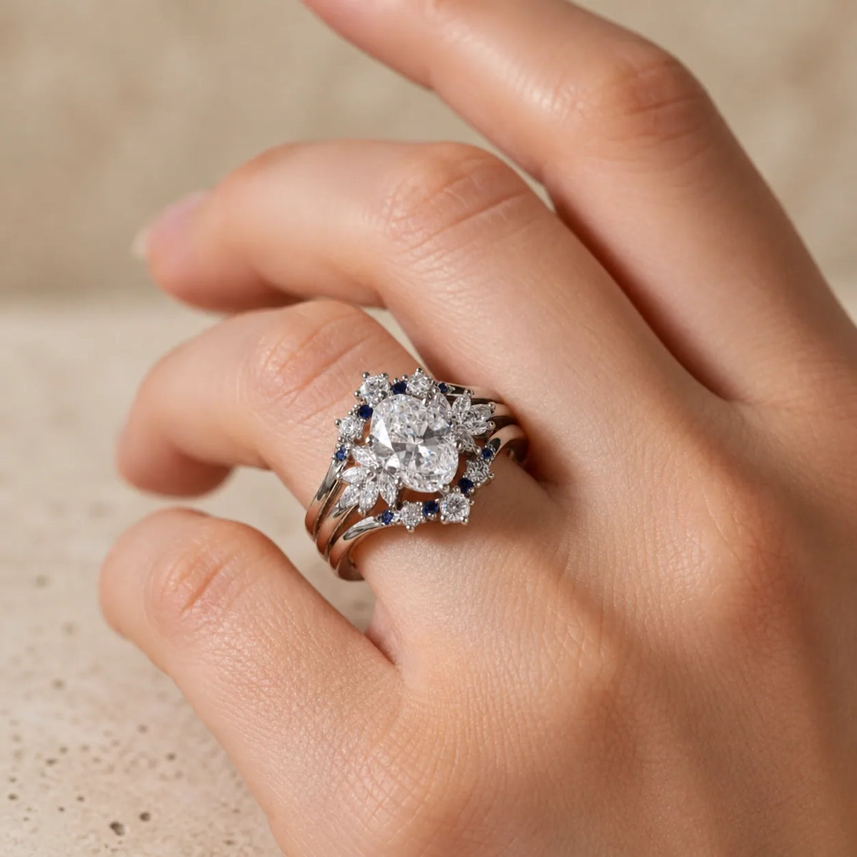 3 CT Oval Cut Lab-Grown Diamond Sapphire Chevron Bridal Ring Set