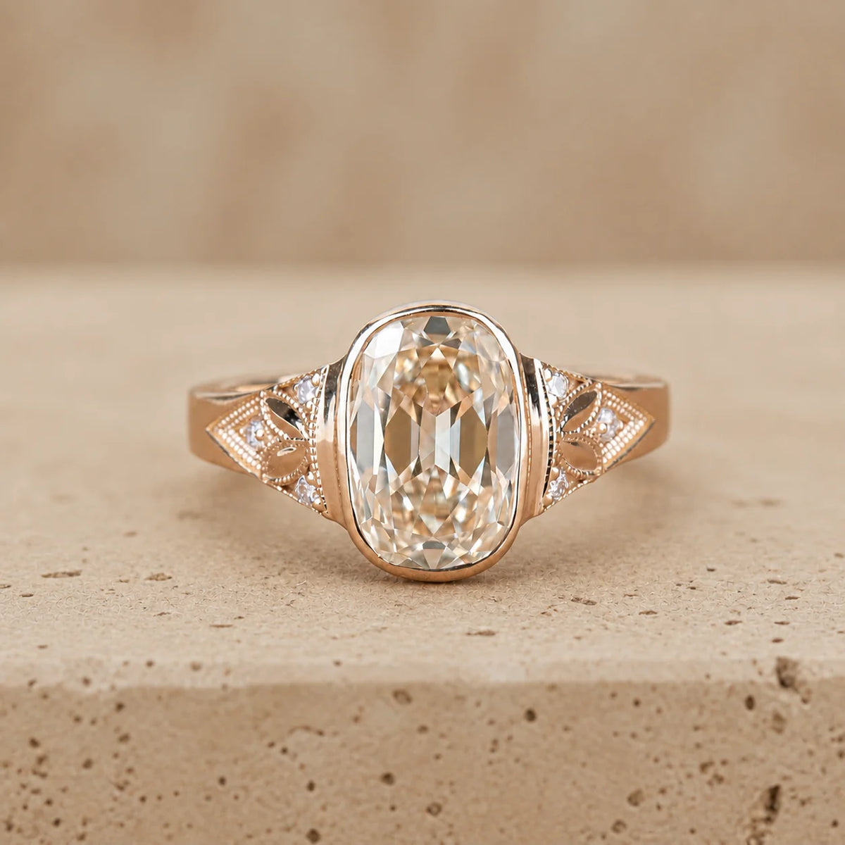 4 CT Old Mine Elongated Cushion Lab-Grown Diamond Art Deco Bezel-Set Nature-Inspired Engagement Ring