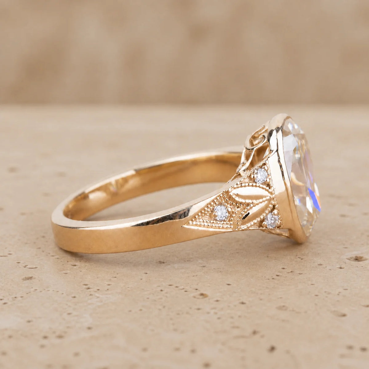 4 CT Old Mine Elongated Cushion Lab-Grown Diamond Art Deco Bezel-Set Nature-Inspired Engagement Ring