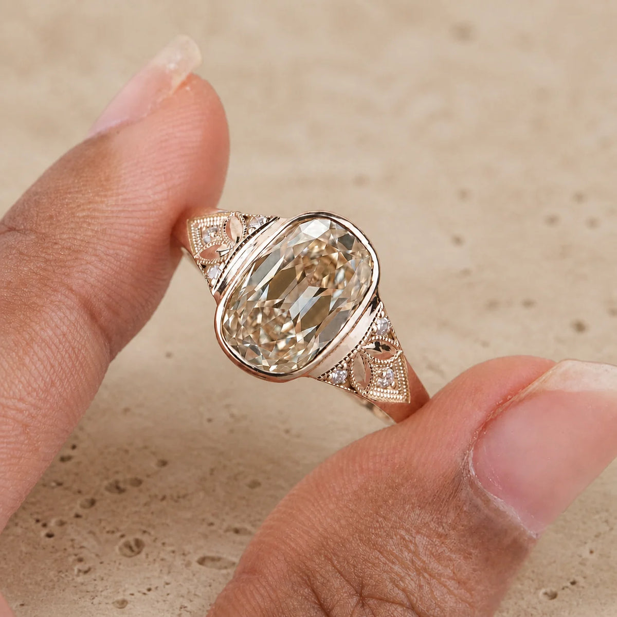 4 CT Old Mine Elongated Cushion Lab-Grown Diamond Art Deco Bezel-Set Nature-Inspired Engagement Ring