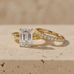 4 CT Emerald Cut Lab-Grown Diamond Floral-Engraved Bridal Ring Set