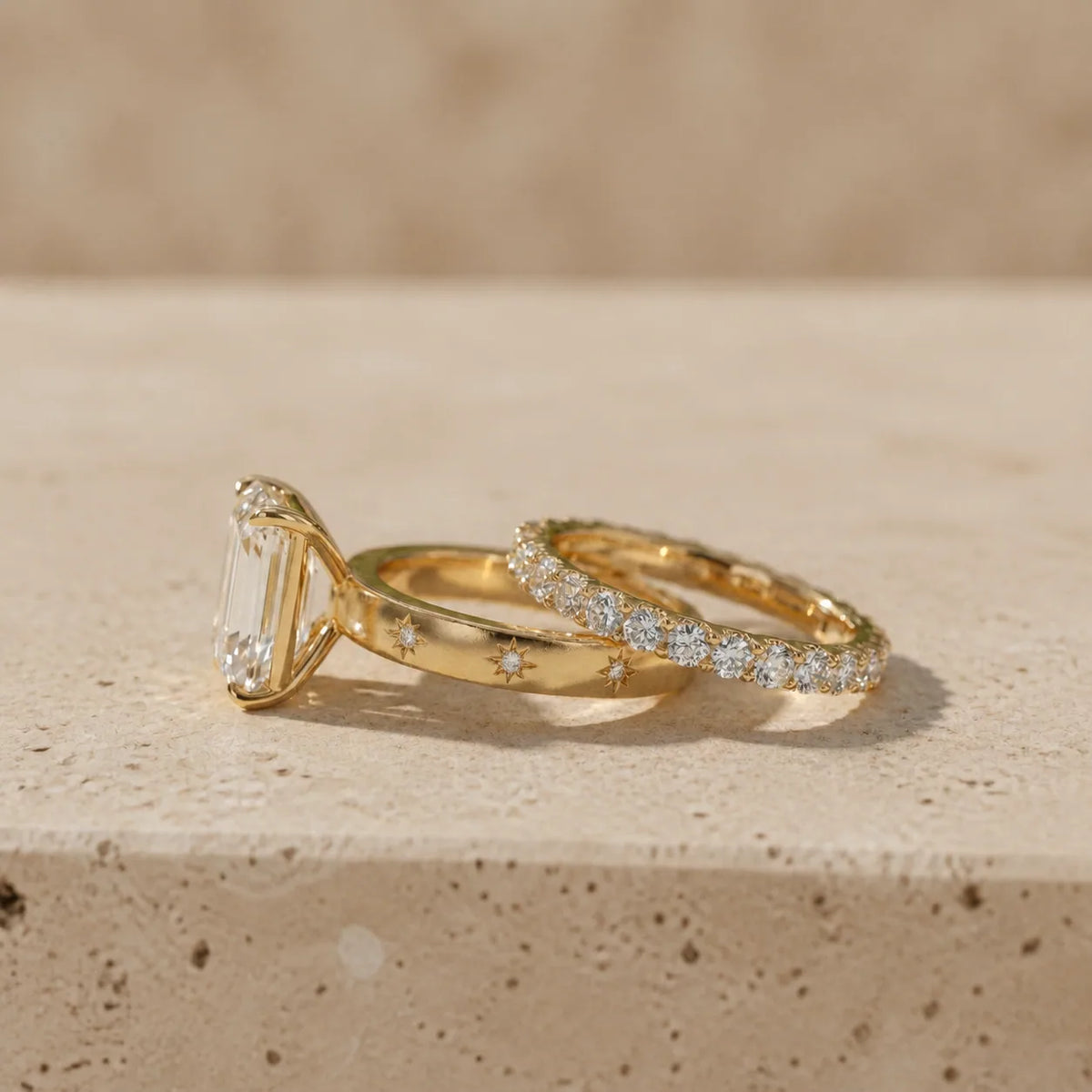 4 CT Emerald Cut Lab-Grown Diamond Floral-Engraved Bridal Ring Set