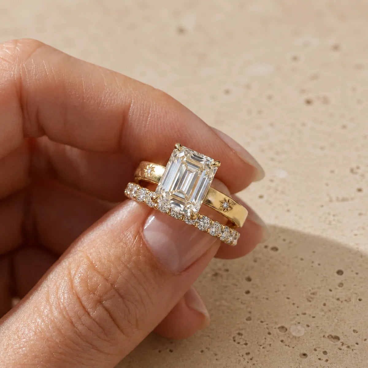 4 CT Emerald Cut Lab-Grown Diamond Floral-Engraved Bridal Ring Set