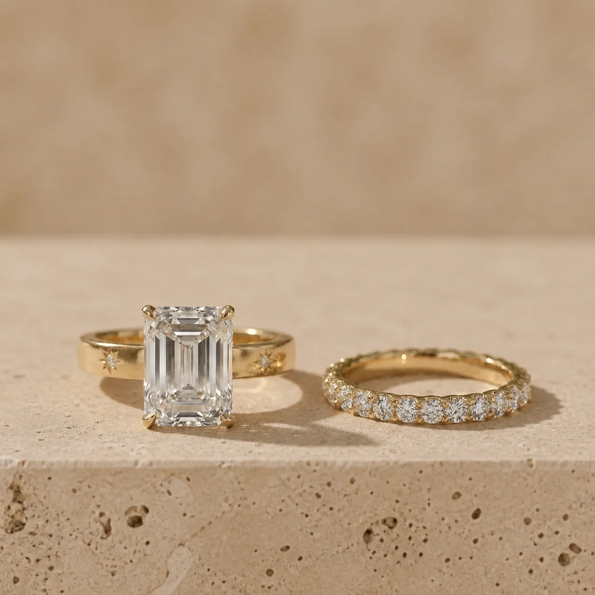 4 CT Emerald Cut Lab-Grown Diamond Floral-Engraved Bridal Ring Set