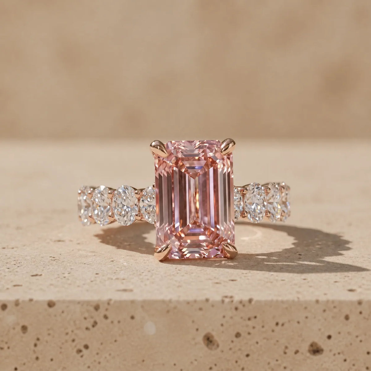 4 CT Fancy Pink Emerald Cut Lab-Grown Diamond Three-Stone Engagement Ring