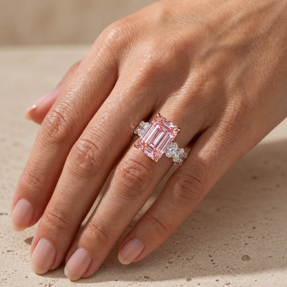 4 CT Fancy Pink Emerald Cut Lab-Grown Diamond Three-Stone Engagement Ring