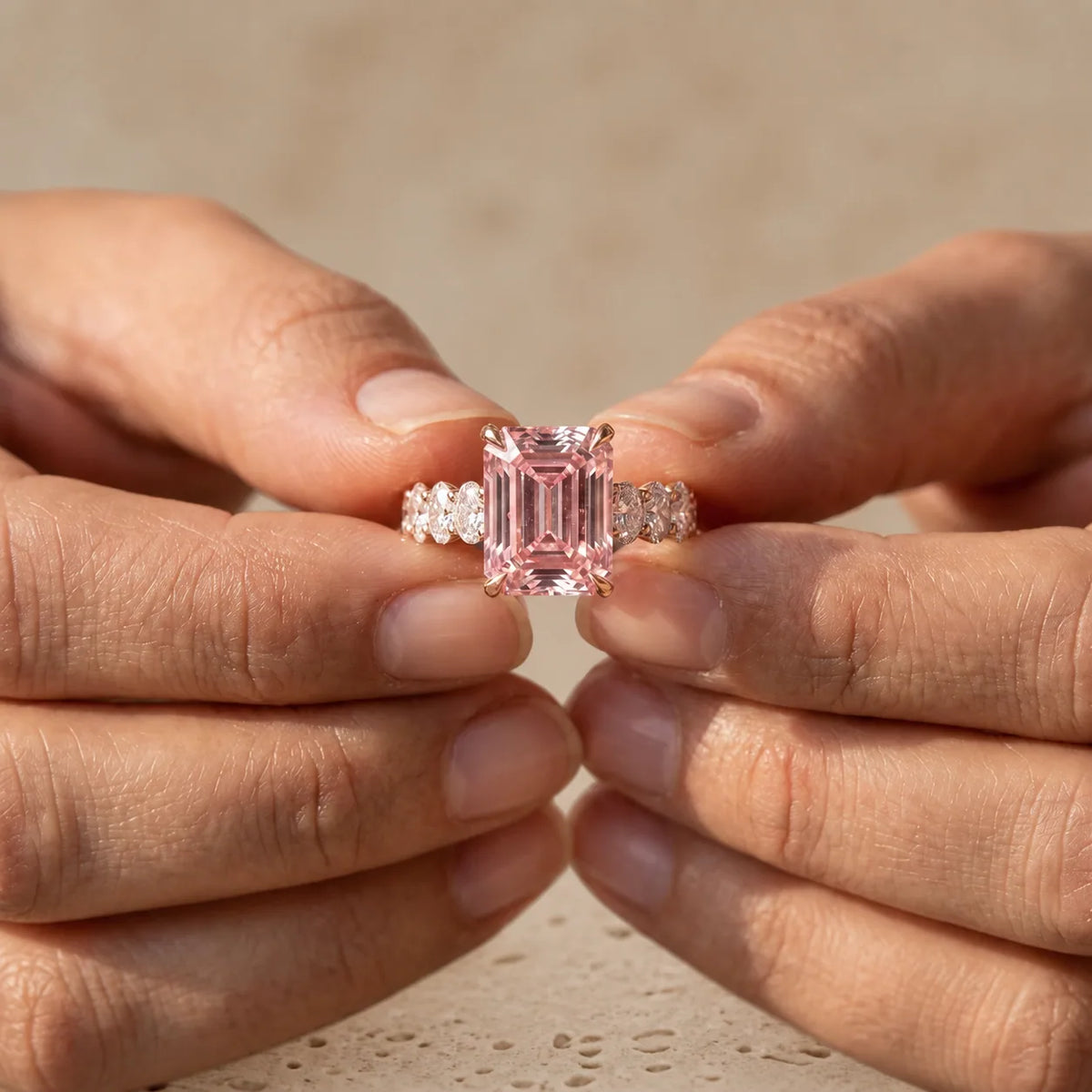 4 CT Fancy Pink Emerald Cut Lab-Grown Diamond Three-Stone Engagement Ring
