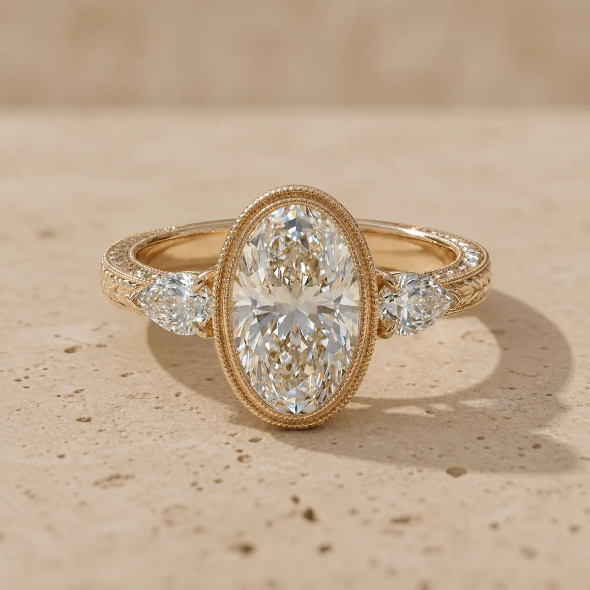 4 CT Oval Cut Lab-Grown Diamond Bezel-Set Three-Stone Engagement Ring