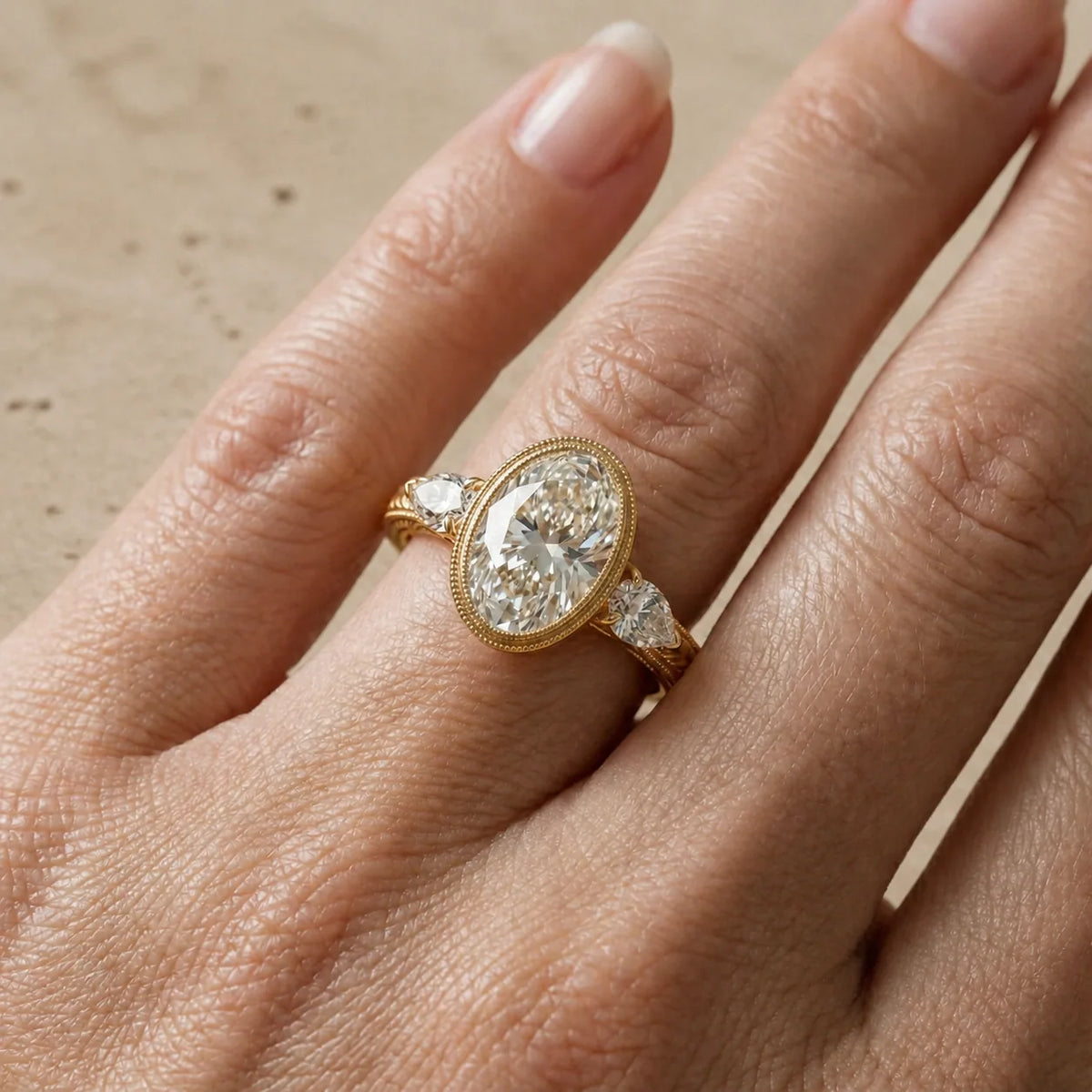 4 CT Oval Cut Lab-Grown Diamond Bezel-Set Three-Stone Engagement Ring