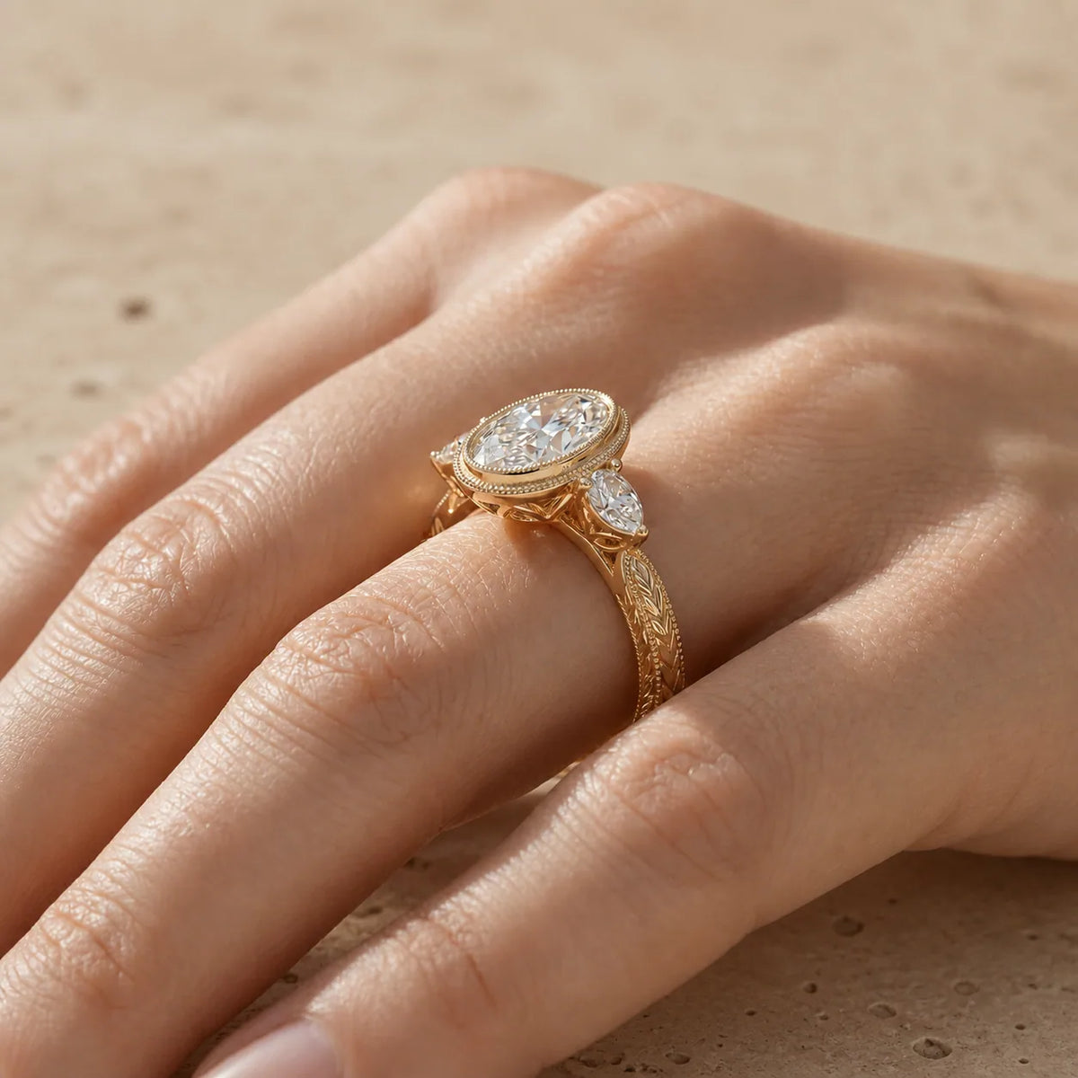 4 CT Oval Cut Lab-Grown Diamond Bezel-Set Three-Stone Engagement Ring