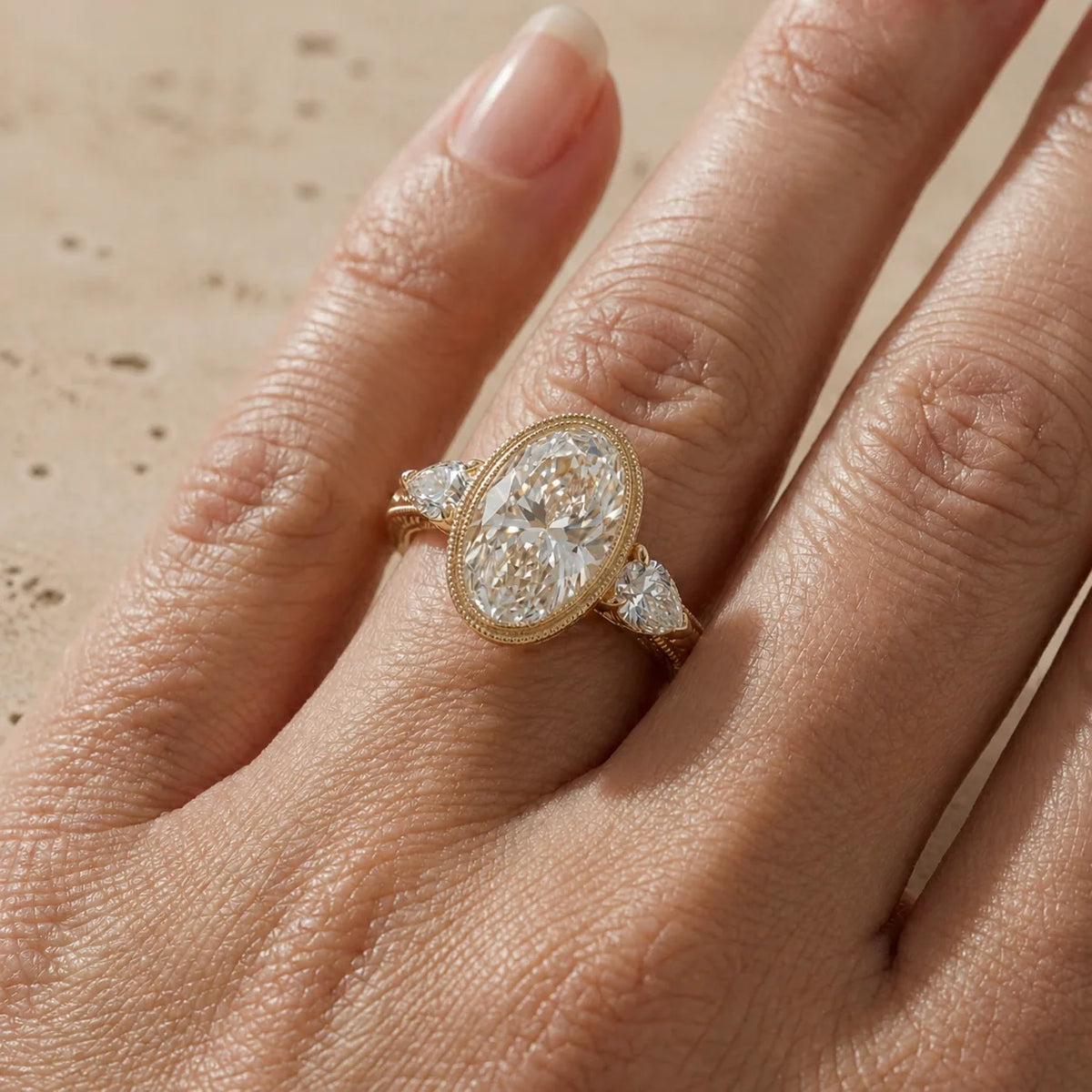 4 CT Oval Cut Lab-Grown Diamond Bezel-Set Three-Stone Engagement Ring