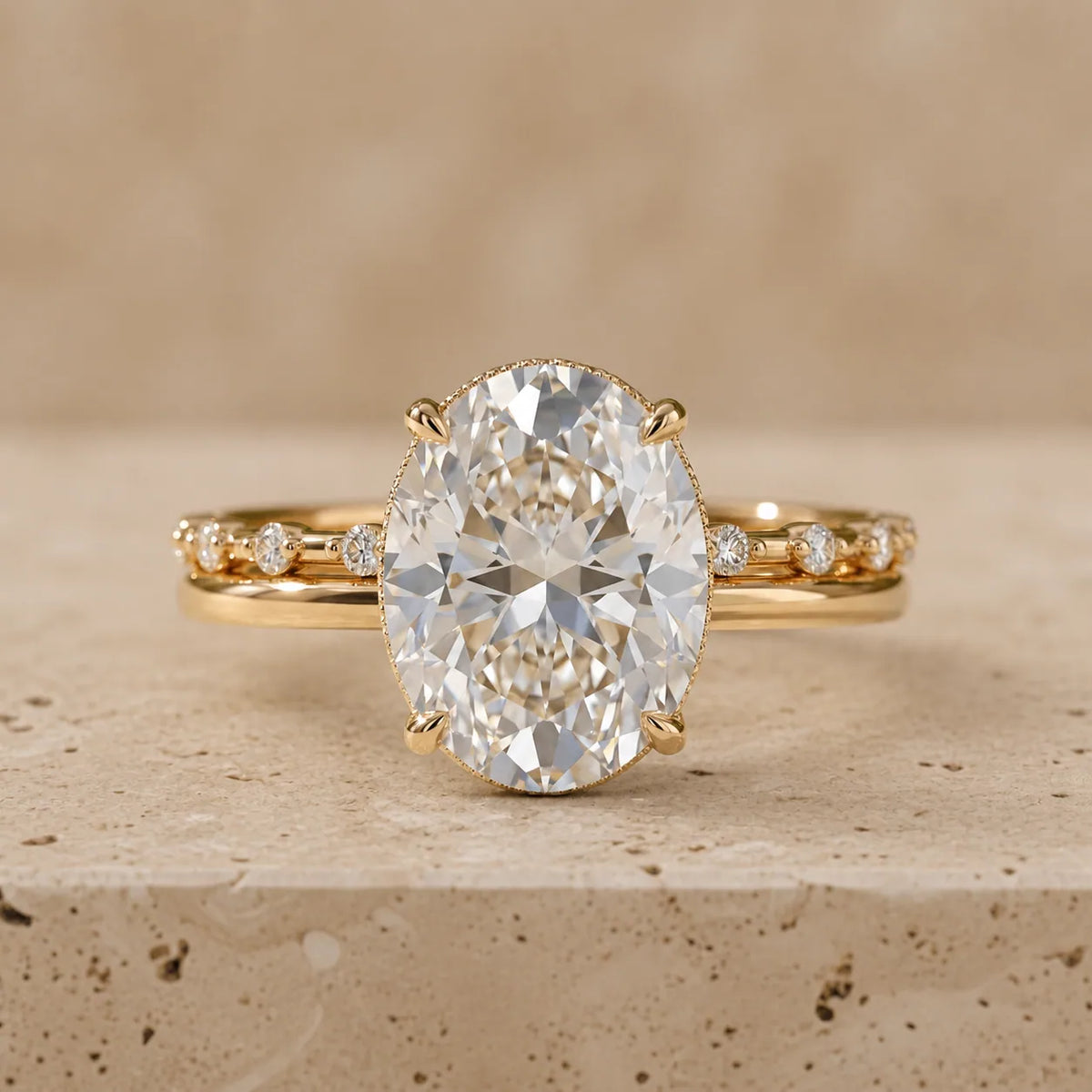 4 CT Oval Cut Lab-Grown Diamond Hidden-Halo Bridal Ring Set