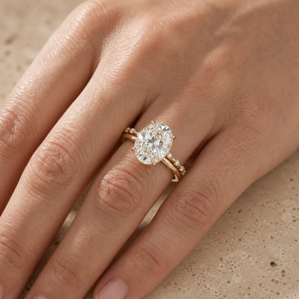 4 CT Oval Cut Lab-Grown Diamond Hidden-Halo Bridal Ring Set
