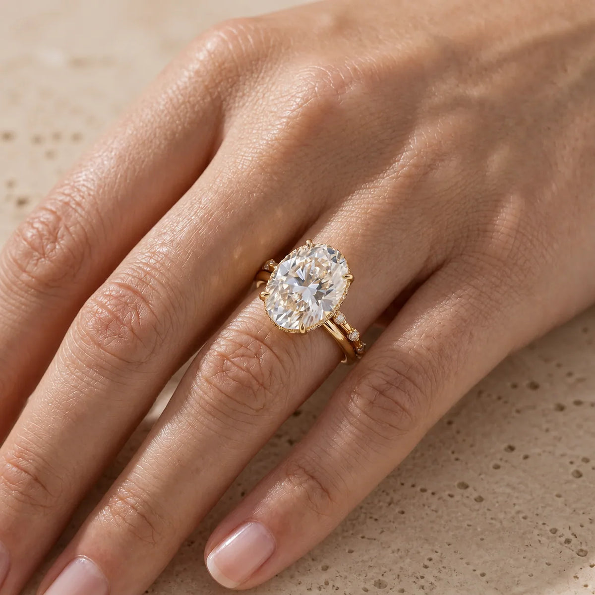 4 CT Oval Cut Lab-Grown Diamond Hidden-Halo Bridal Ring Set