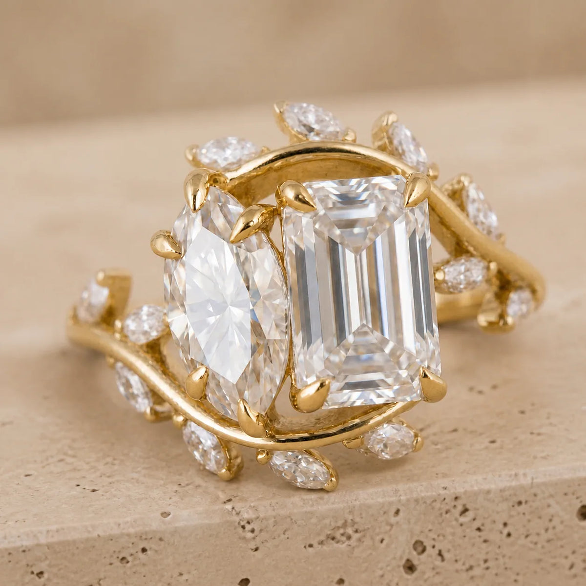 5.4 CT Radiant & Marquise Lab-Grown Diamond Nature-Inspired Leaf & Vine Toi et Moi Ring
