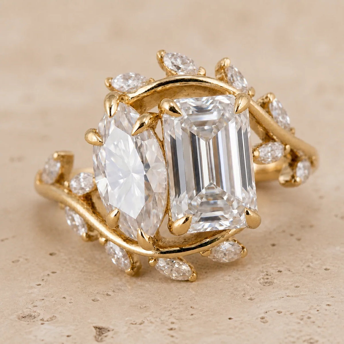 5.4 CT Radiant & Marquise Lab-Grown Diamond Nature-Inspired Leaf & Vine Toi et Moi Ring