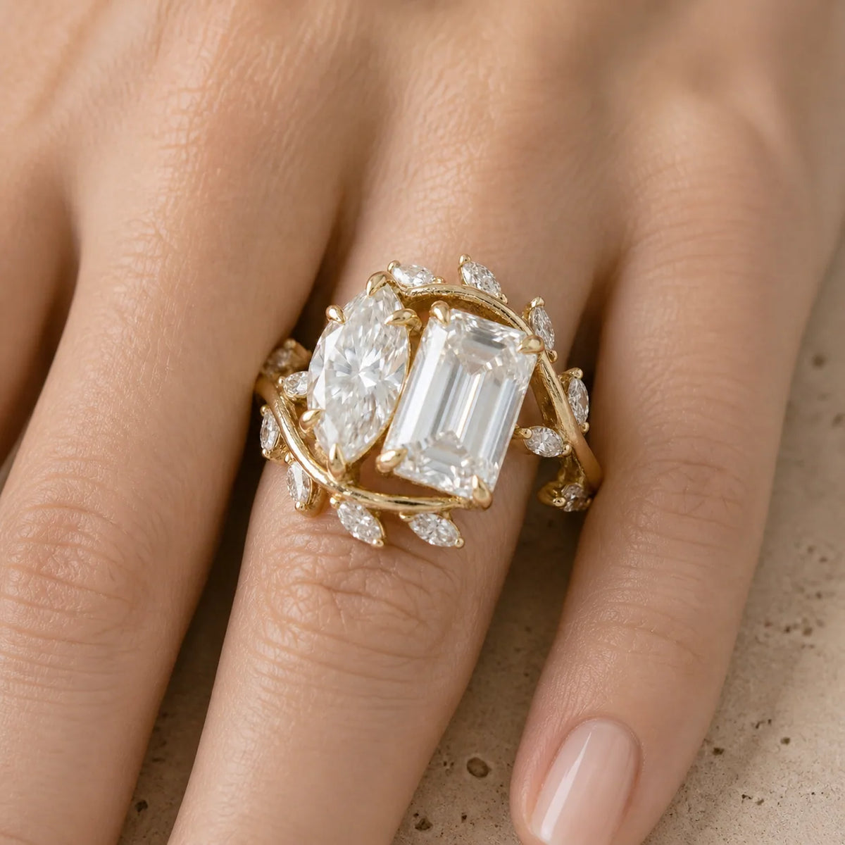 5.4 CT Radiant & Marquise Lab-Grown Diamond Nature-Inspired Leaf & Vine Toi et Moi Ring