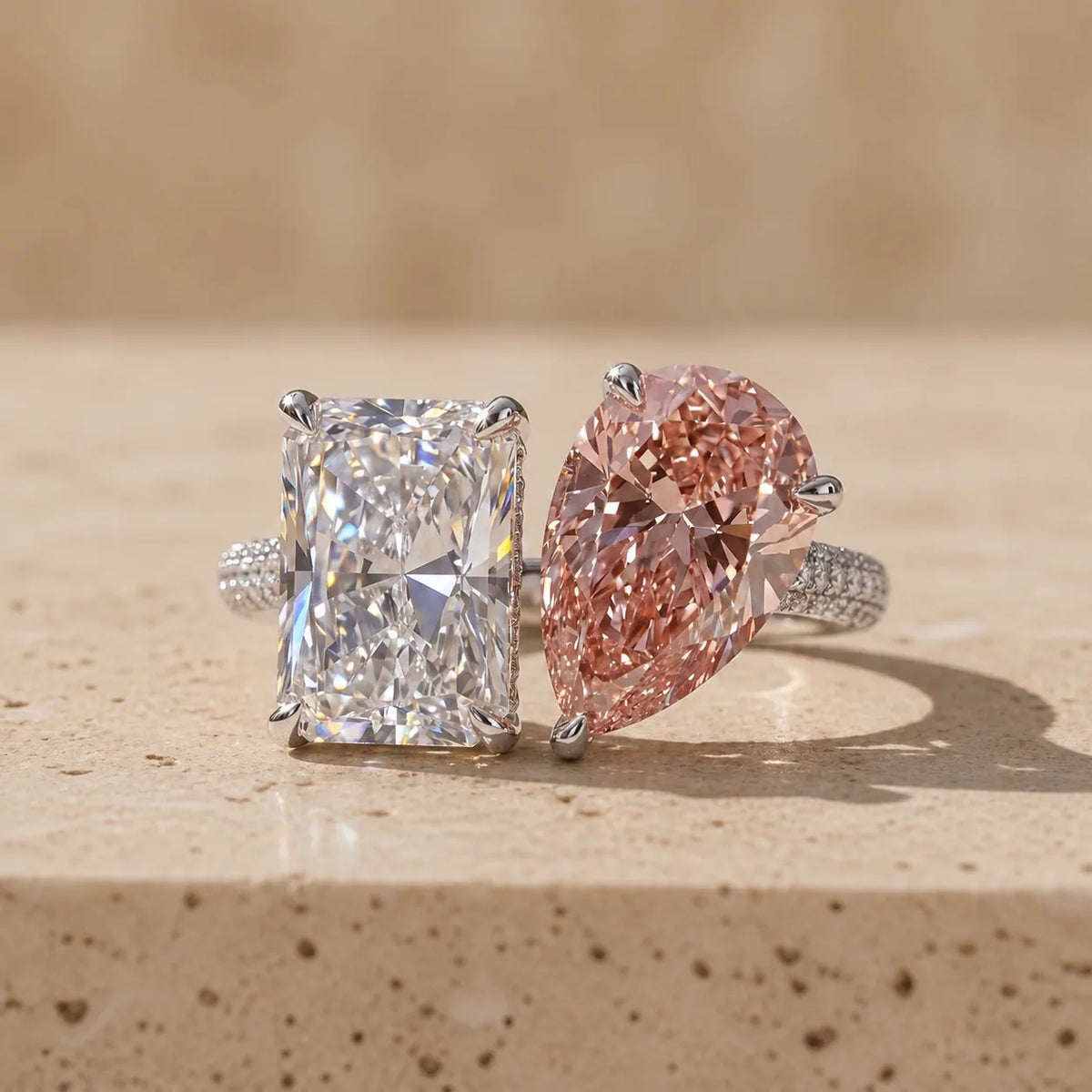 5 CT Colorless + Fancy Pink Radiant Cut + Pear Cut Lab-Grown Diamond Toi et Moi Ring