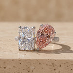 5 CT Colorless + Fancy Pink Radiant Cut + Pear Cut Lab-Grown Diamond Toi et Moi Ring