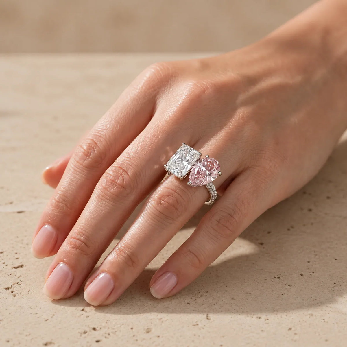 5 CT Colorless + Fancy Pink Radiant Cut + Pear Cut Lab-Grown Diamond Toi et Moi Ring