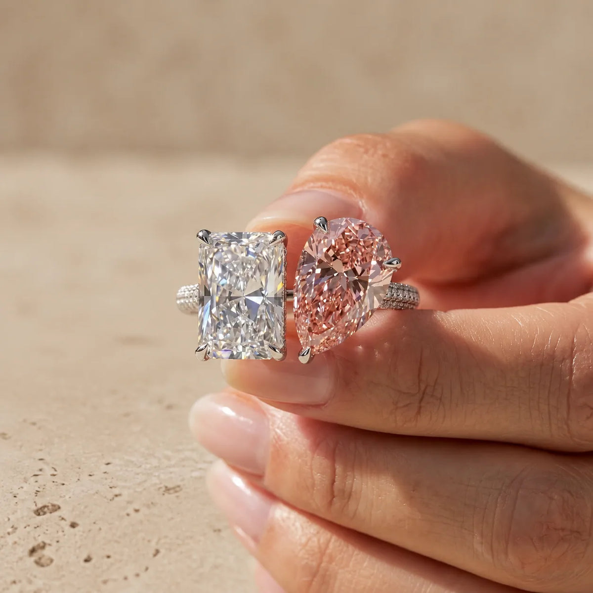5 CT Colorless + Fancy Pink Radiant Cut + Pear Cut Lab-Grown Diamond Toi et Moi Ring