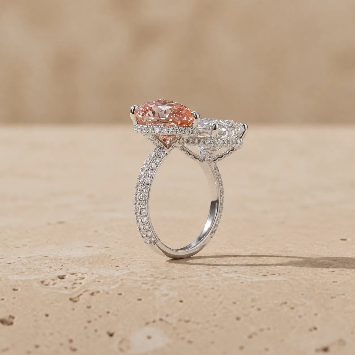 5 CT Colorless + Fancy Pink Radiant Cut + Pear Cut Lab-Grown Diamond Toi et Moi Ring
