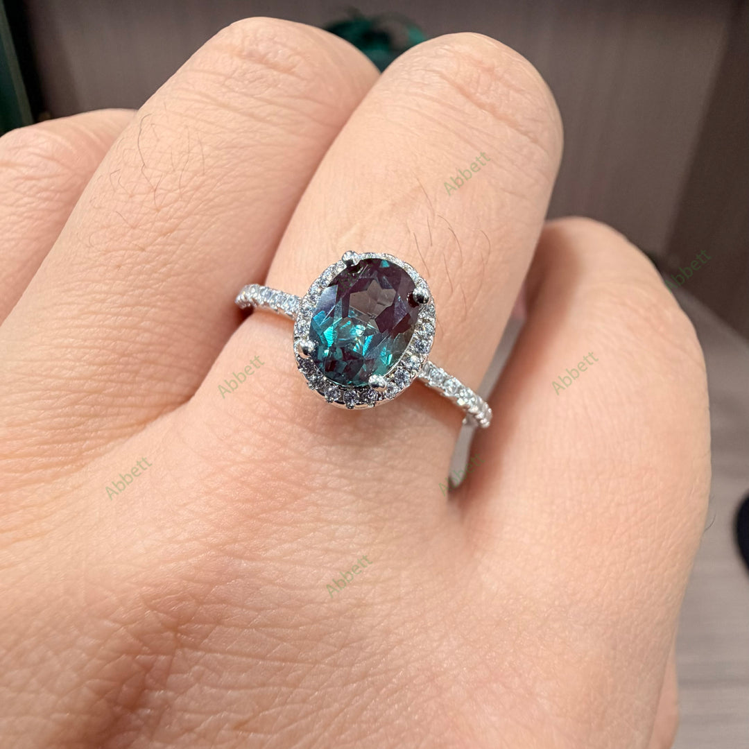 Oval Lab Grown Alexandrite Ring | 1.5ct Color-Change Gemstone Ring with Diamond Halo & Full Pavé Band