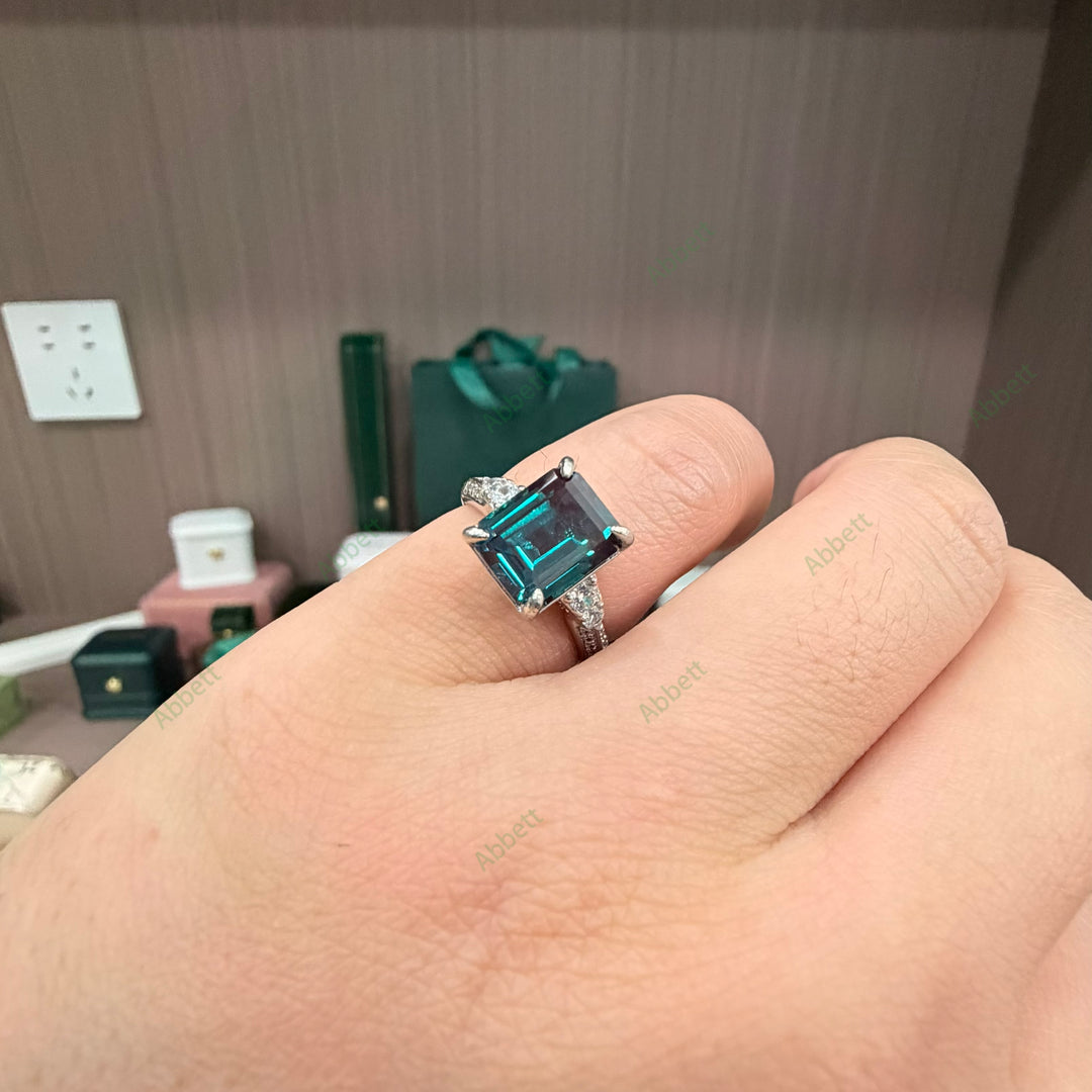 Art Deco Emerald Cut Lab-Grown Alexandrite Ring | 4.2ct Structural Solitaire with Pavé Band