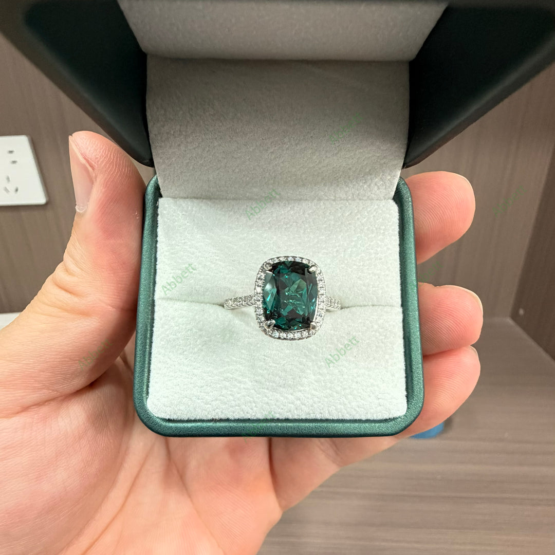 Classic Cushion Cut Lab-Grown Alexandrite Halo Ring | 3.74ct Shimmering Pavé Band Engagement Ring