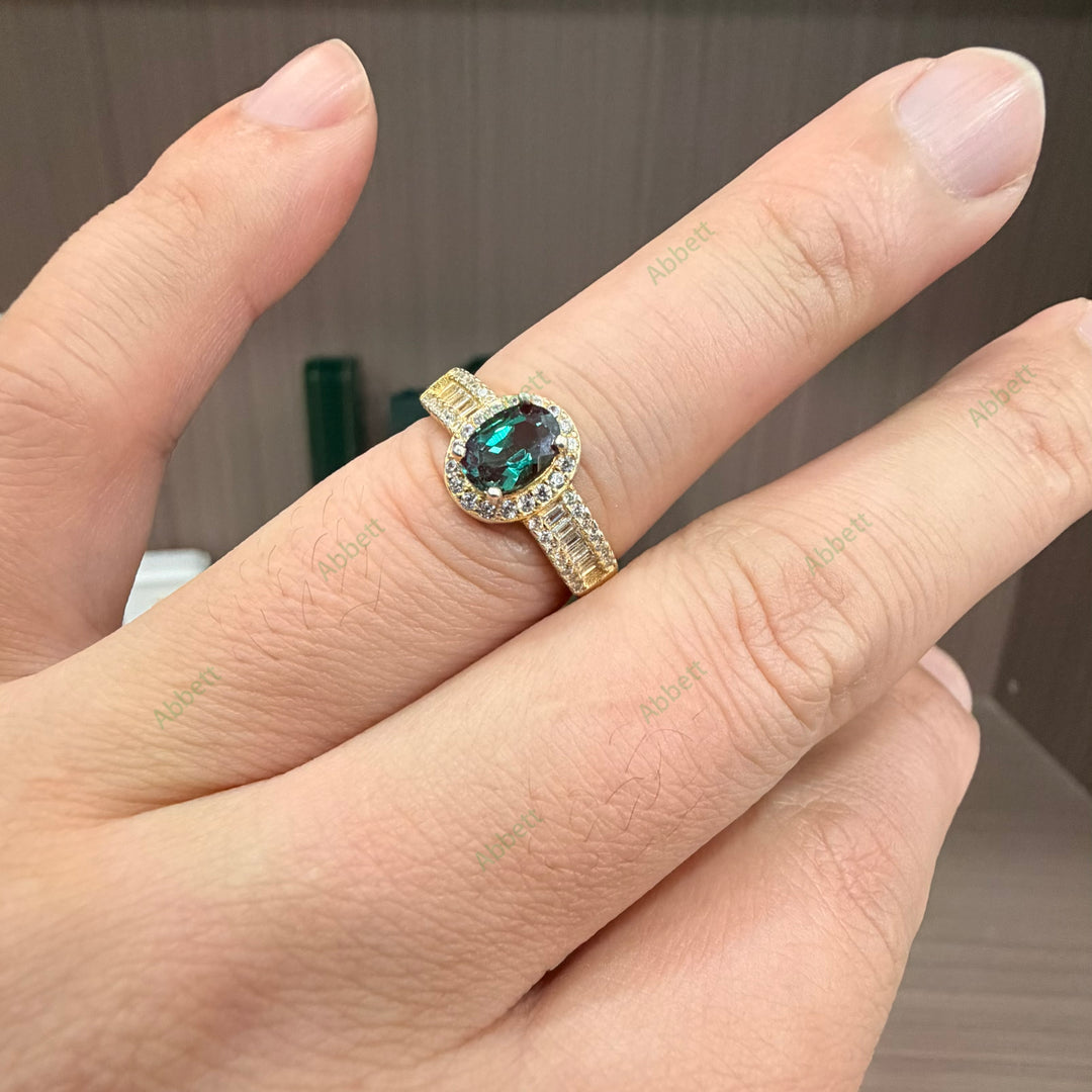 Classic Oval Lab-Grown Alexandrite Double Pavé Ring | 1.0ct Diamond Halo Split Band Engagement Ring