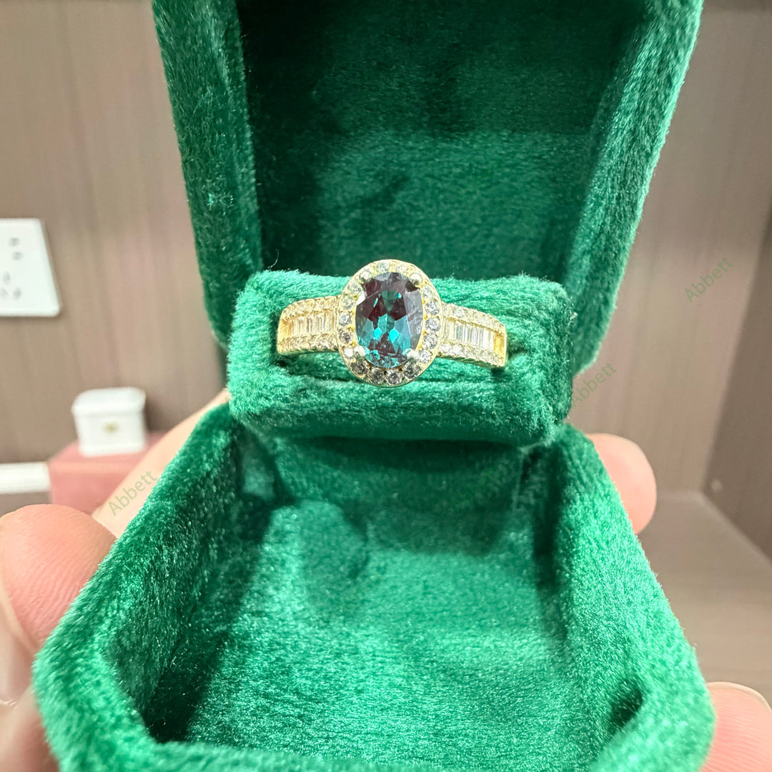 Classic Oval Lab-Grown Alexandrite Double Pavé Ring | 1.0ct Diamond Halo Split Band Engagement Ring