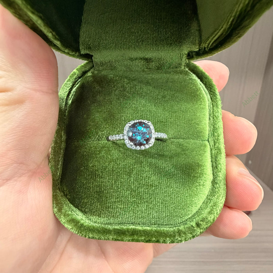 Classic Round Lab-Grown Alexandrite Halo Ring | 1.25ct Delicate Micro-Pavé Wedding Band