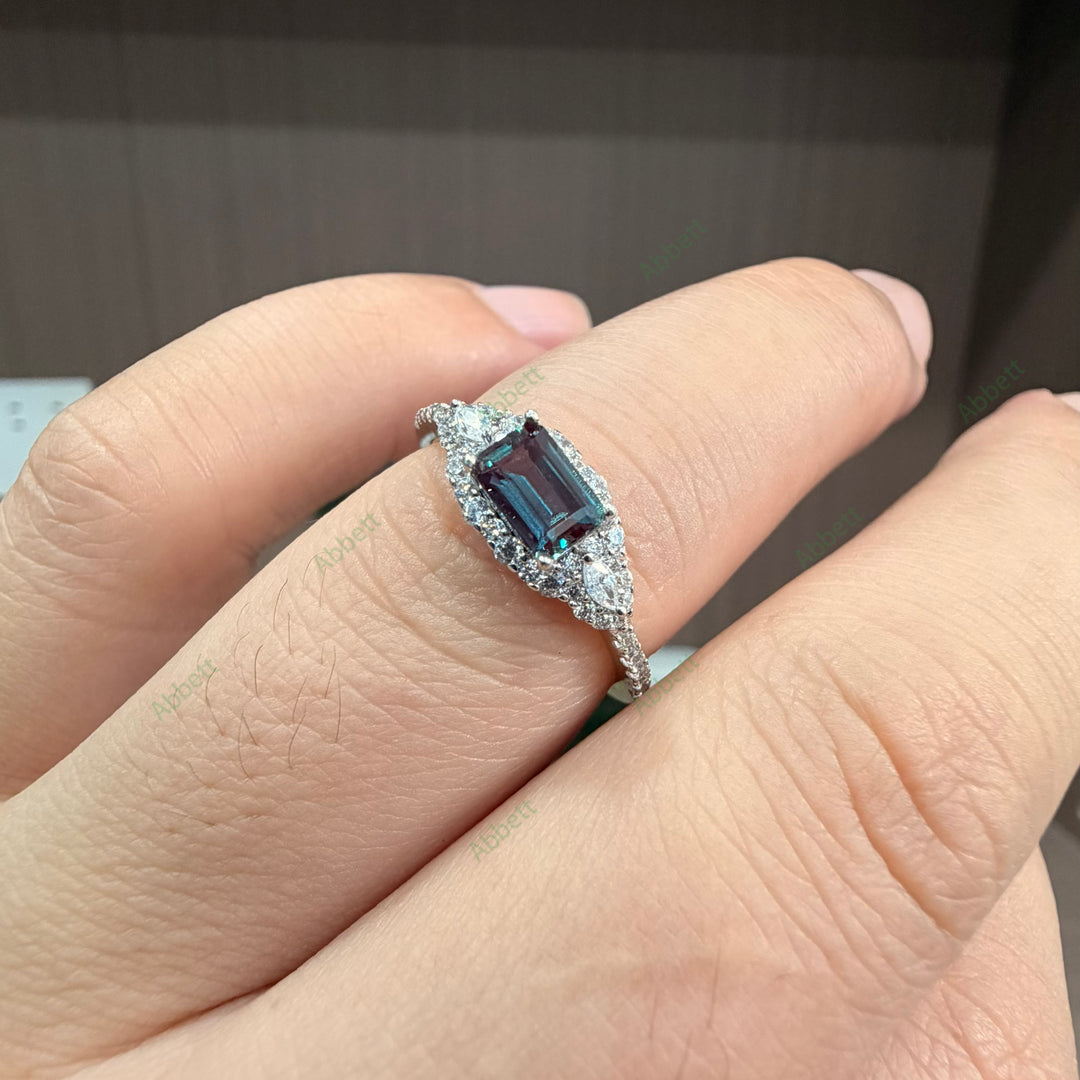 Dainty Emerald Cut Lab-Grown Alexandrite Micro-Halo Ring | 0.66ct Delicate Vintage Wedding Band