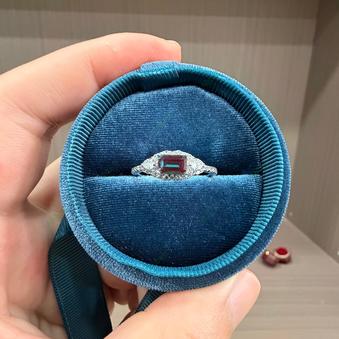 Dainty Emerald Cut Lab-Grown Alexandrite Micro-Halo Ring | 0.66ct Delicate Vintage Wedding Band
