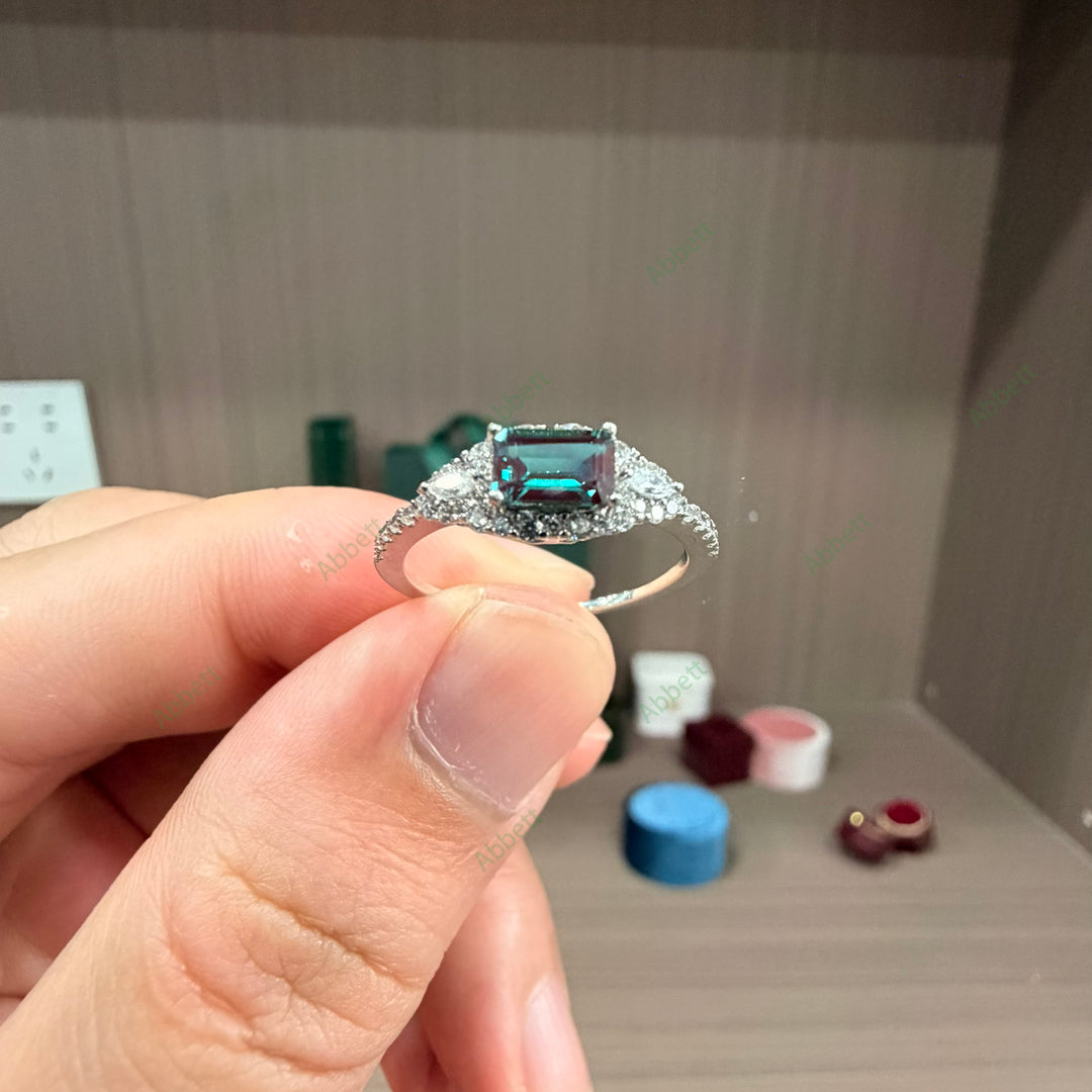 Dainty Emerald Cut Lab-Grown Alexandrite Micro-Halo Ring | 0.66ct Delicate Vintage Wedding Band