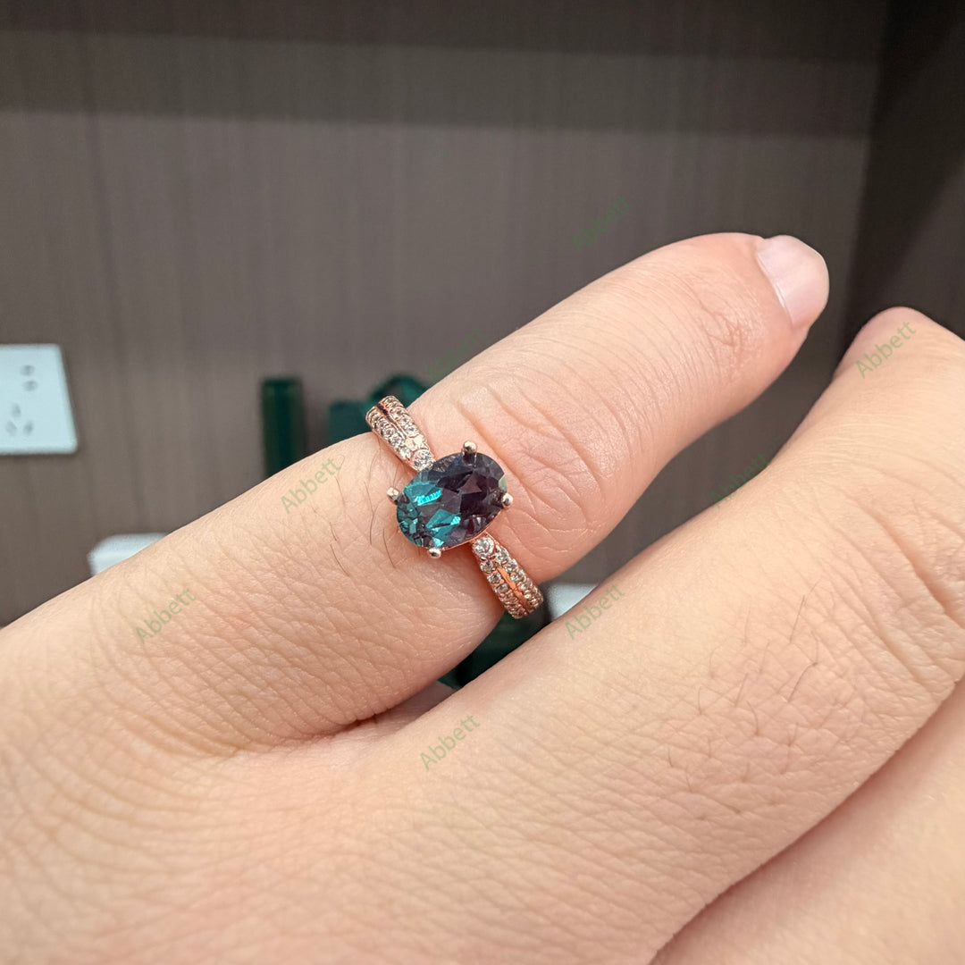 Dainty Oval Cut Lab-Grown Alexandrite Solitaire Ring | 1.0ct Pavé Band Promise Ring