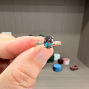 Dainty Oval Cut Lab-Grown Alexandrite Solitaire Ring | 1.0ct Pavé Band Promise Ring