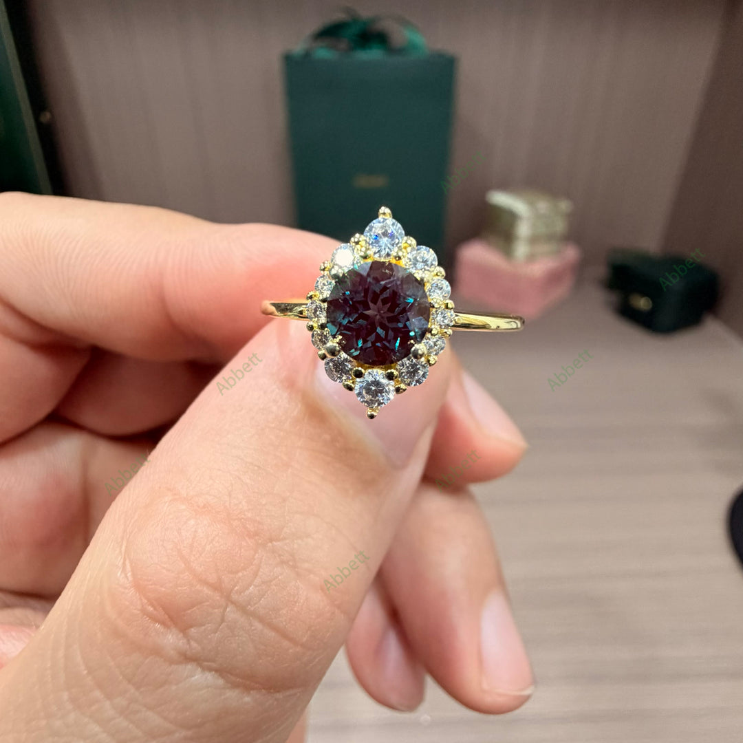 Floral Diamond Halo Alexandrite Ring | 1.0ct Round Cut 6mm Nature-Inspired Engagement Ring