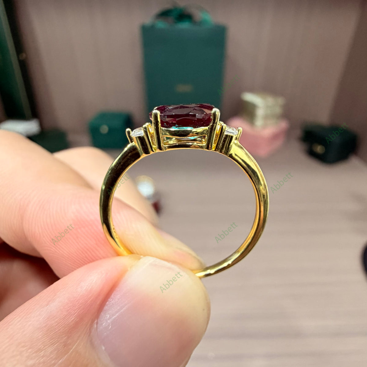 Horizontal East-West Lab Alexandrite Ring | 1.5ct Oval Cut 6x8mm Diamond Accented Band Ring