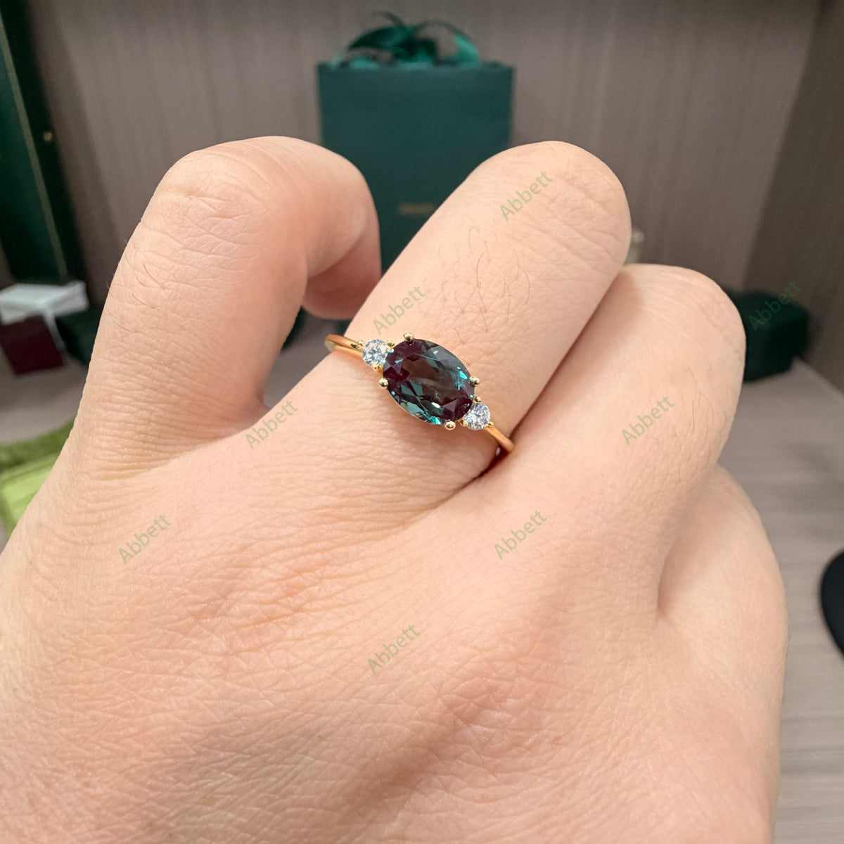 Horizontal East-West Lab Alexandrite Ring | 1.5ct Oval Cut 6x8mm Diamond Accented Band Ring