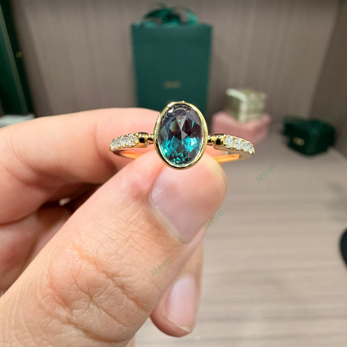 Low Profile Bezel Lab Alexandrite Ring | 1.0ct Oval 5x7mm Sleek Diamond Accent Band Ring