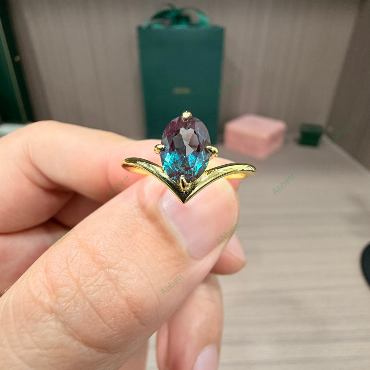 Minimalist Lab Grown Alexandrite Solitaire | 1.5ct Oval 6x8mm V-Shape Chevron Band Ring