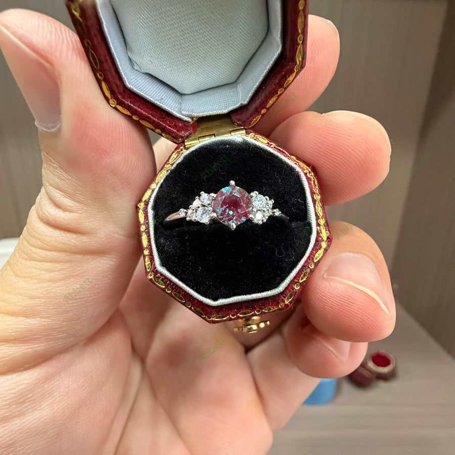 Minimalist Round Lab-Grown Alexandrite Cluster Ring | 0.63ct Dainty Diamond Accent Promise Ring