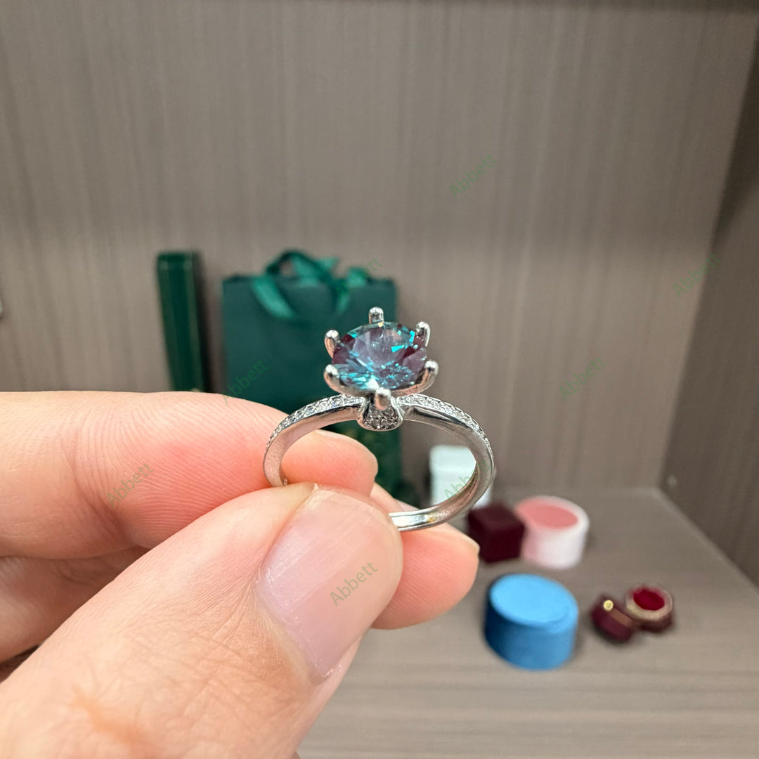 Minimalist Round Lab-Grown Alexandrite Solitaire Ring | 1.25ct Dainty Pavé Wedding Band