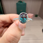 Oval Lab Grown Alexandrite Ring | 1.5ct Color-Change Gemstone Ring with Diamond Halo & Full Pavé Band