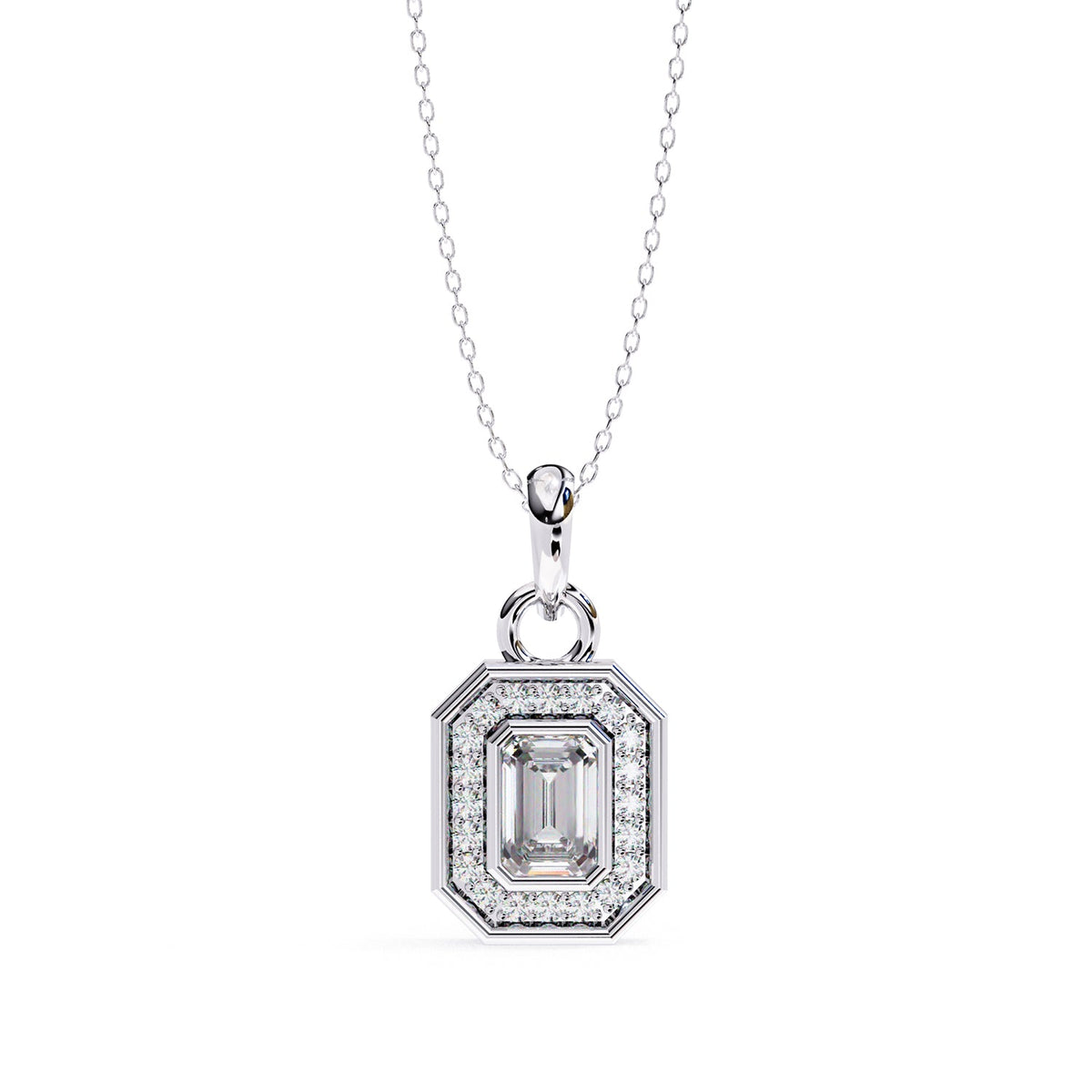 Emerald lab-grown diamond halo pendant necklace with 0.76ct centre stone - PE1258